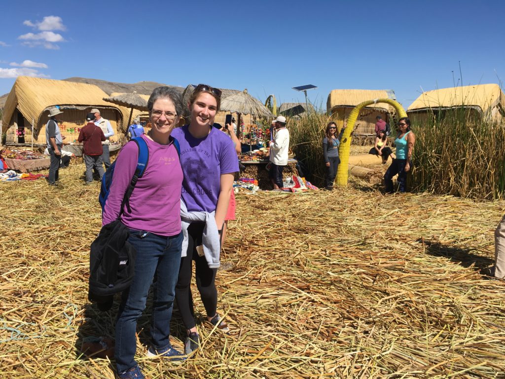 My mom and I on an Uros Island, which is constructed of reeds and floats on Lake Titicaca. 